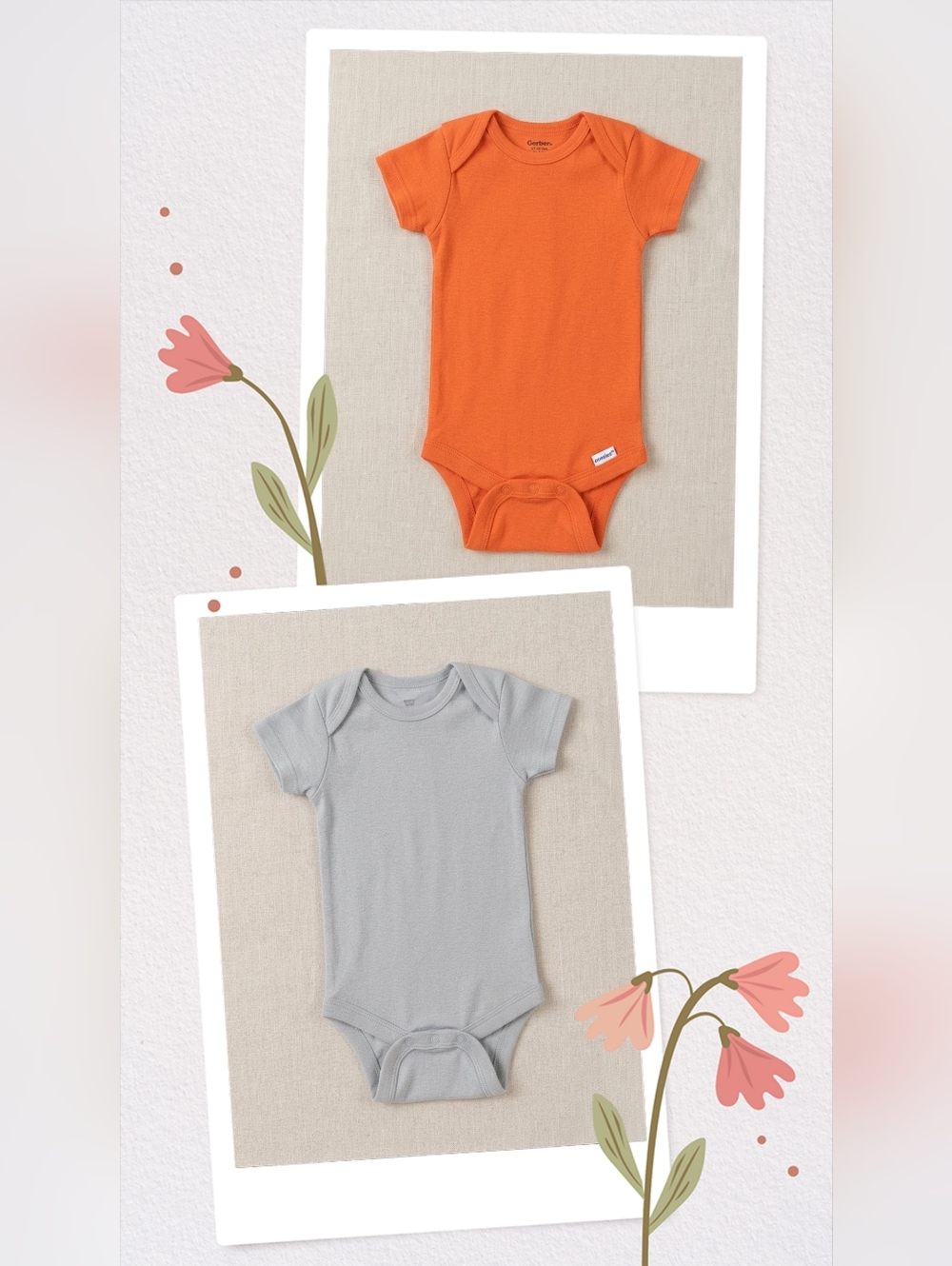 Bundle Of 2 - Orange & Gray Short Sleeve Cotton Baby Onesie Bodysuits, 0-3M